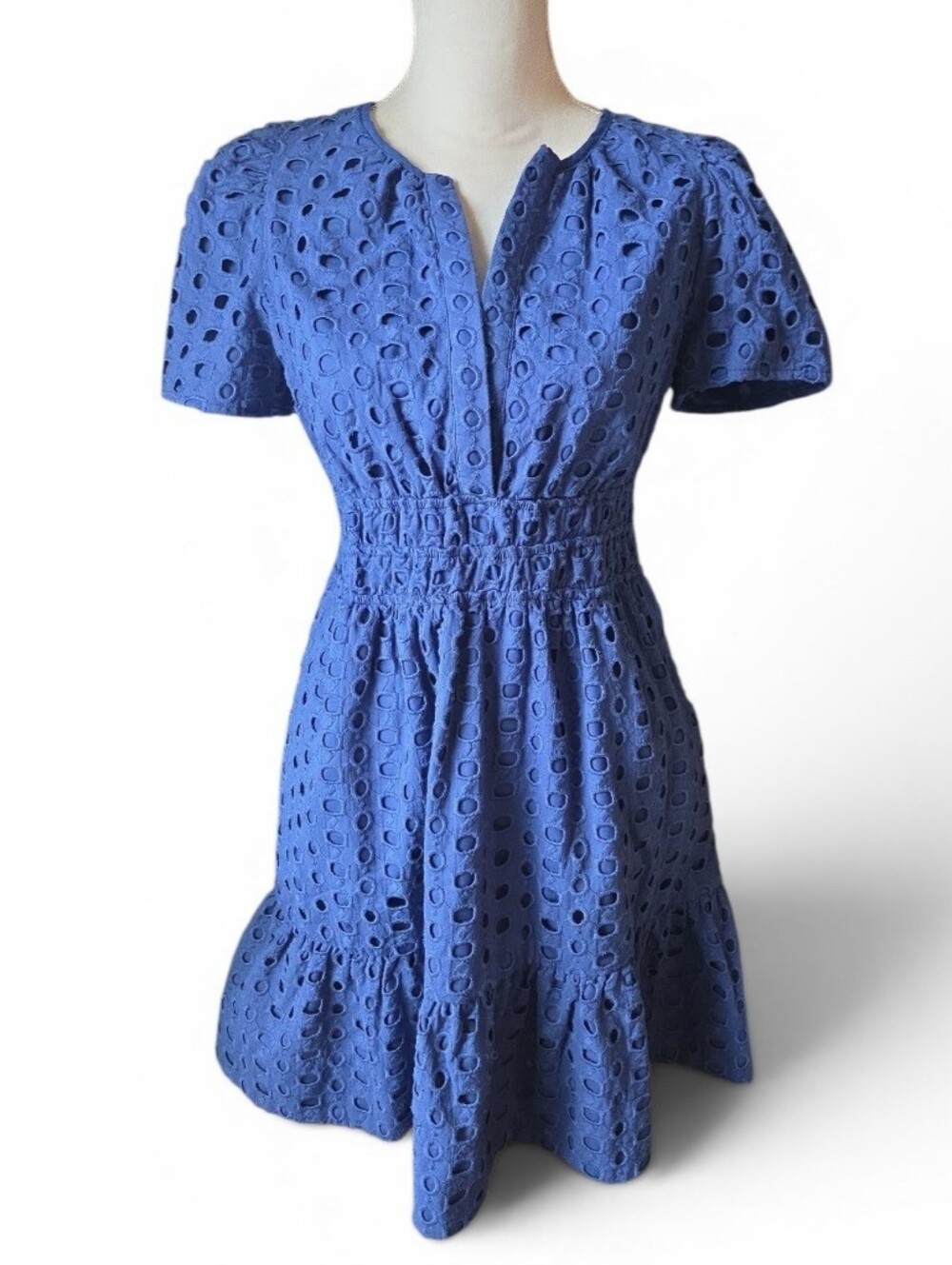 Cynthia Rowley Royal Blue Eyelet Smocked-Waist Mini Dress Size Small